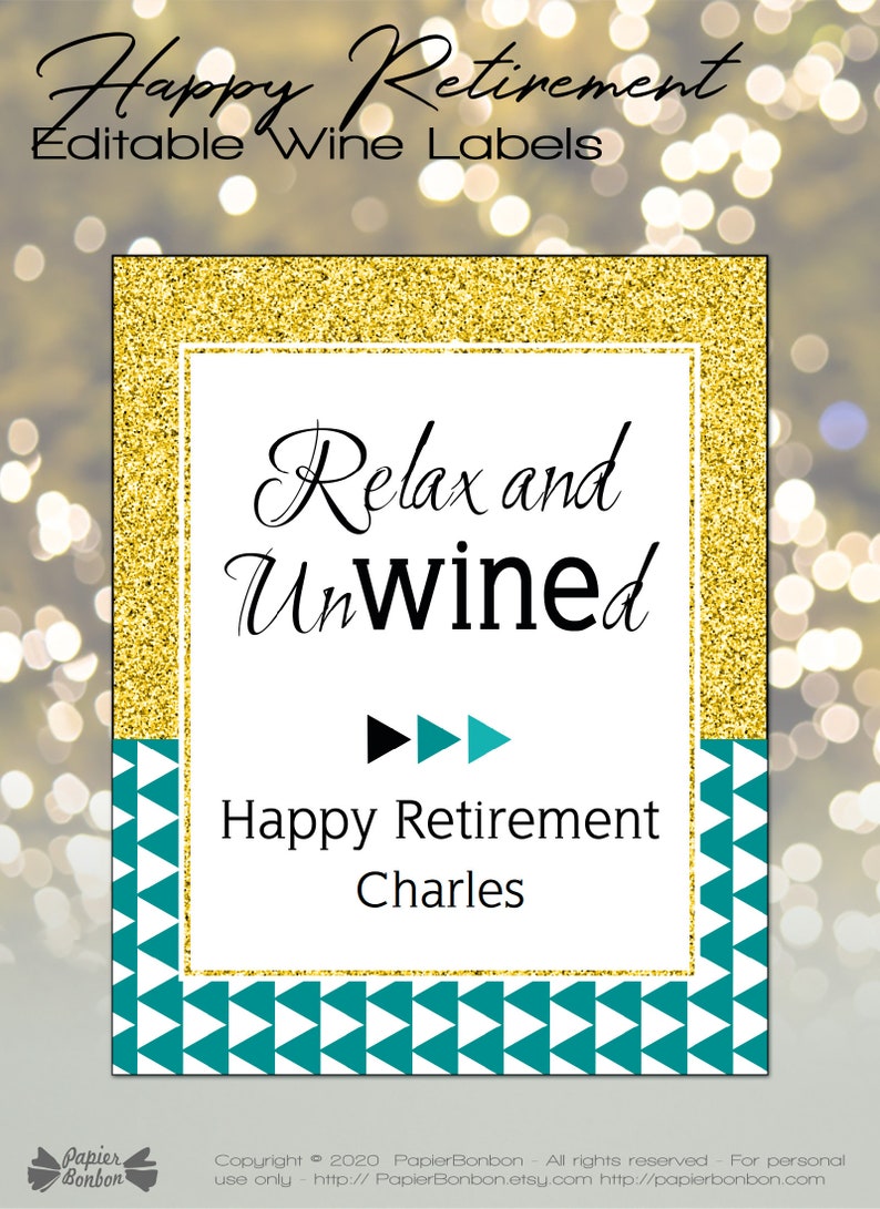 Retirement wine labels Editable pdf for retirement party, Turquoise gold Custom Wine Labels, Personalized Mini Wine bottle, 3 sizes image 5