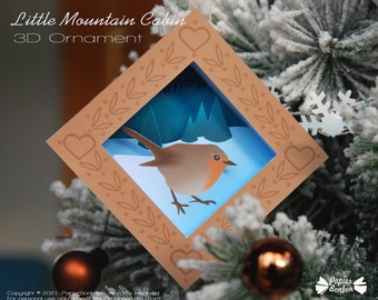 Winter Diorama ornament - 3D forest miniature - Mountain cabin, robin & squirrel - Printable paper ornament - Holiday DIY Paper Crafts