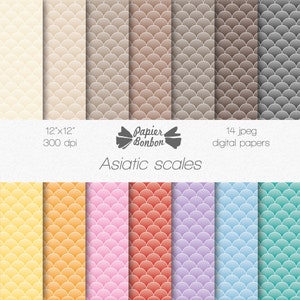 Papiers numériques écailles - écailles camaïeu de beiges bruns + couleurs pastels - DIY carterie, origami, loisir créatif