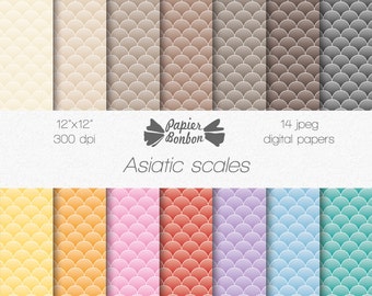 Schuppen digitales Papier - asiatisch zarte Schuppen - braun beige & pastellfarben - Kartenherstellung, Origami