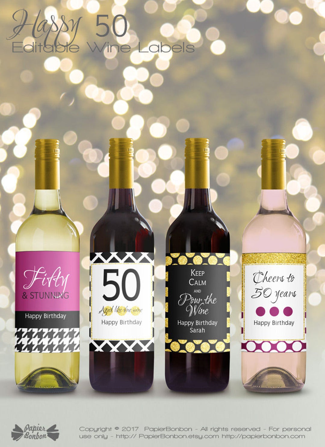 Editable Wine Bottle Labels for 50th Birthday (printable), Custom Black ...