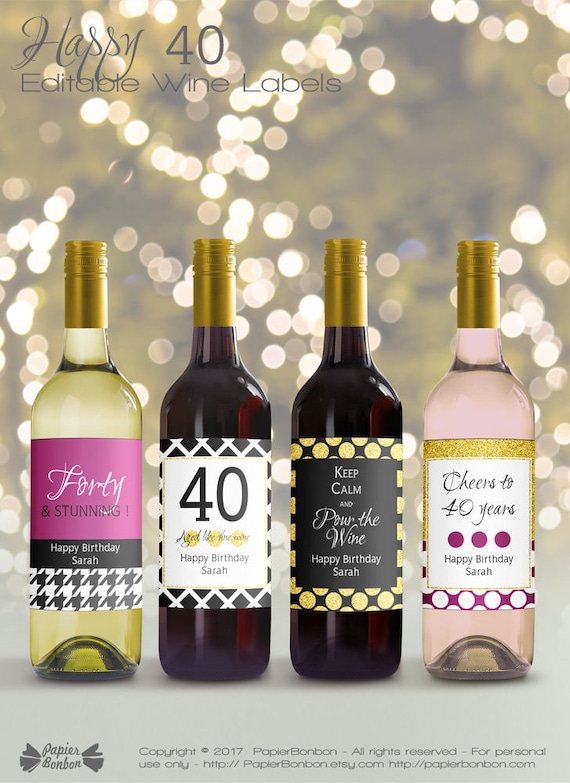 editable wine bottle labels for 40th birthday printable etsy