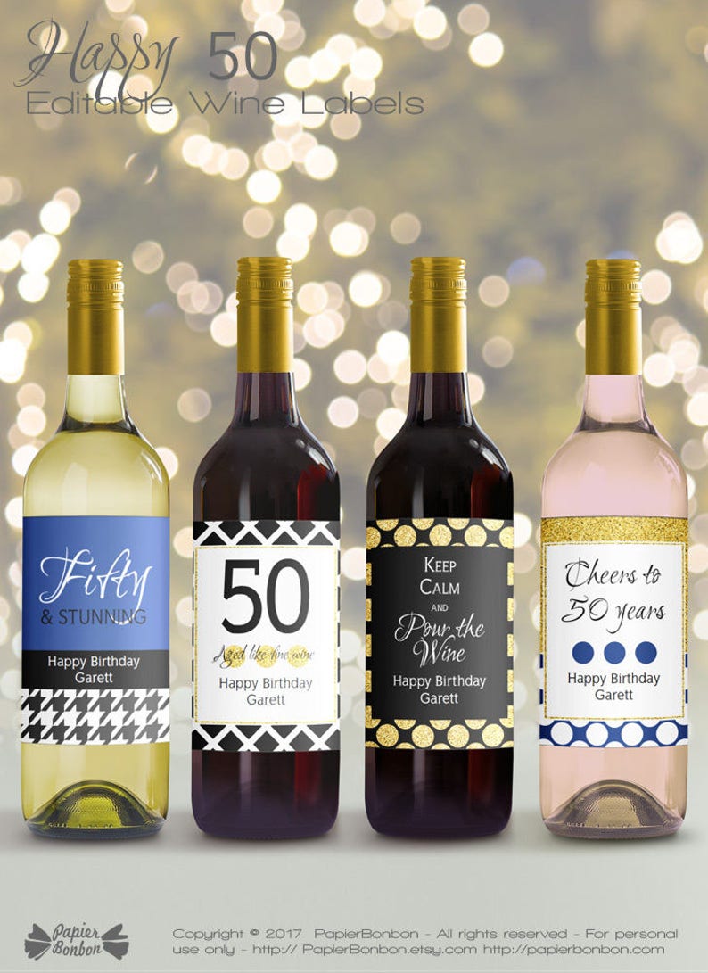 Editable Wine Bottle Labels for 50th Birthday printable