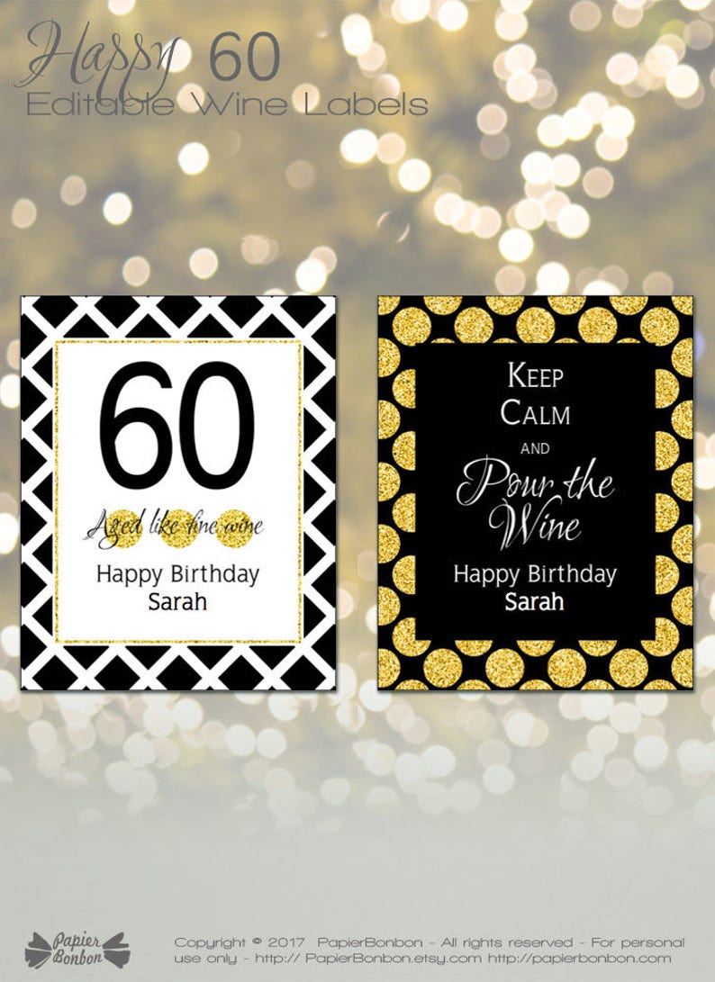 editable wine bottle labels for 60th birthday printable etsy