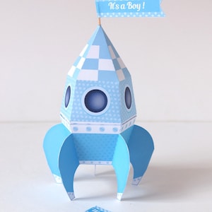 Boîtes fusée bleue Printable éditable, fusée boîte cadeau, fusée paper toy, cadeau fête prénatale, cadeau fête Espace, DIY