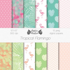 Flamingo digital scrapbooking paper - pink & green, tropical leaves, tropical patterns - card making, origami