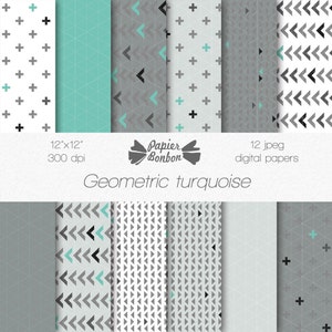 Papiers scrapbooking numériques - motifs géométriques - croix, flèches, triangle - gris turquoise - DIY carterie, origami, loisir créatif