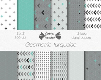 Geometric modern - digital scrapbooking paper - arrows, cross and triangle - grey & turquoise - card making, origami