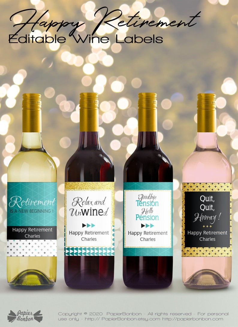 Retirement wine labels Editable pdf for retirement party, Turquoise gold Custom Wine Labels, Personalized Mini Wine bottle, 3 sizes image 1