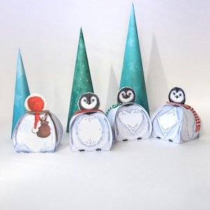 Penguins favor box, Christmas treat box 4 gift box printable DIY
