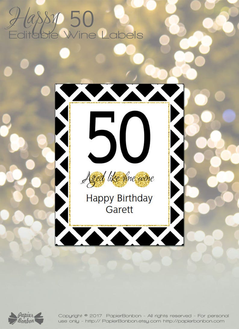 editable wine bottle labels for 50th birthday printable black etsy