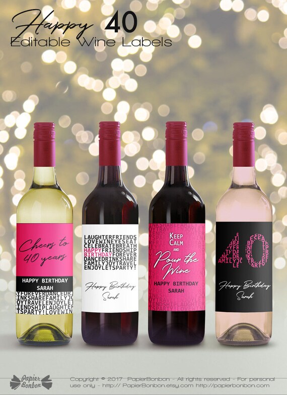 editable wine bottle labels for 40th birthday printable etsy