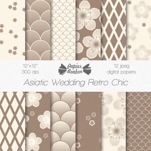 Papiers numériques retro chic Ivoire, chocolat - écailles, fleurs cerisiers asiatiques - DIY carterie, origami, loisir créatif