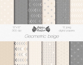 Papiers scrapbooking numériques - motifs géométriques - croix, flèches, triangle - gris beige - DIY carterie, origami, loisir créatif