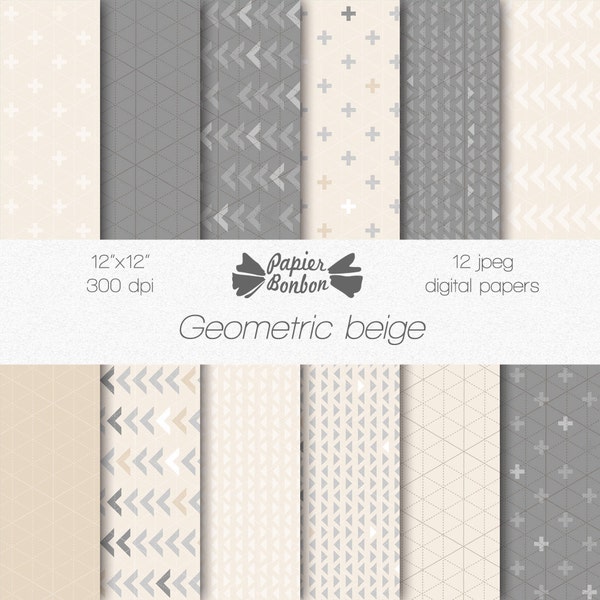 Papiers scrapbooking numériques - motifs géométriques - croix, flèches, triangle - gris beige - DIY carterie, origami, loisir créatif