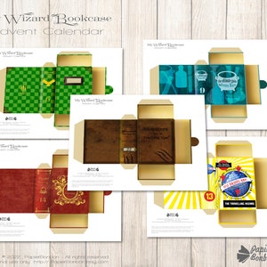May include: Printable DIY advent calendar with a wizard bookcase theme. The calendar features four different book covers with illustrations and text. The text includes "My Wizard Bookcase Advent Calendar", "Monsters & Travelling Ops", "The Ultimate Guide to Potion Making", and "The Travelling Wizard".