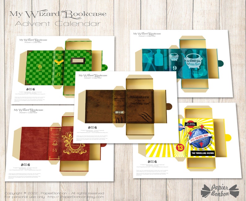 May include: Printable DIY advent calendar with a wizard bookcase theme. The calendar features four different book covers with illustrations and text. The text includes "My Wizard Bookcase Advent Calendar", "Monsters & Travelling Ops", "The Ultimate Guide to Potion Making", and "The Travelling Wizard".