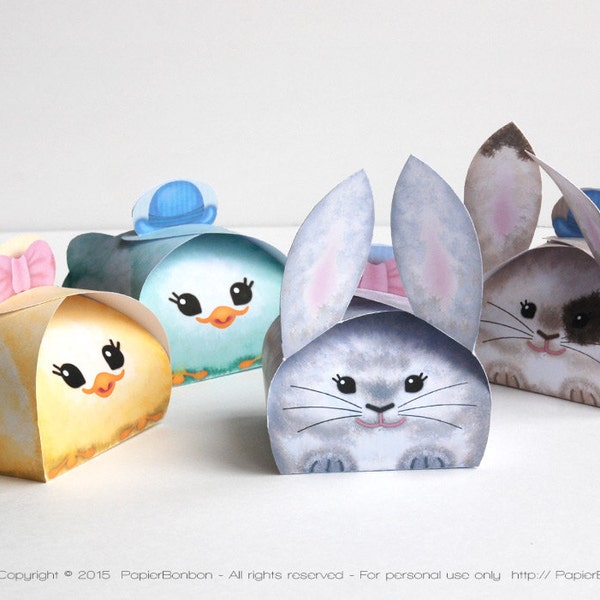 Easter box Printable, Easter Chick and bunny favour, printable gift box, Easter decoration, fluffy bunnies & pastel chicks, set of 12, DIY