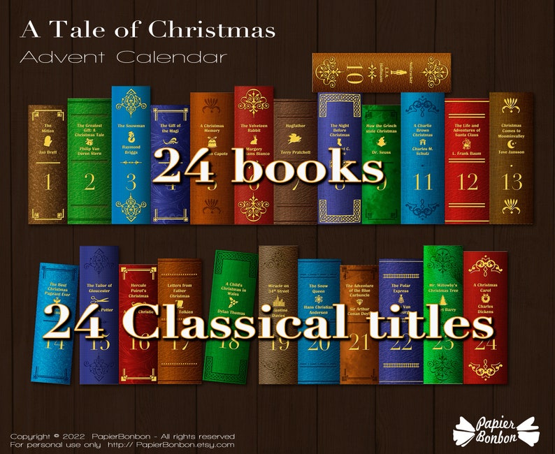 Puede incluir: Un calendario de adviento de Navidad con 24 lomos de libros, cada uno con un t&iacute;tulo y un n&uacute;mero diferente. Los libros est&aacute;n dispuestos en dos filas de 12. La fila superior tiene el texto "24 libros" y la fila inferior tiene el texto "24 t&iacute;tulos cl&aacute;sicos".