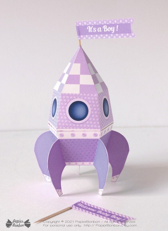 Boîtes fusée violette & rose Printable éditable, fusée boîte cadeau, fusée paper toy, cadeau fête prénatale, cadeau fête Espace, DIY