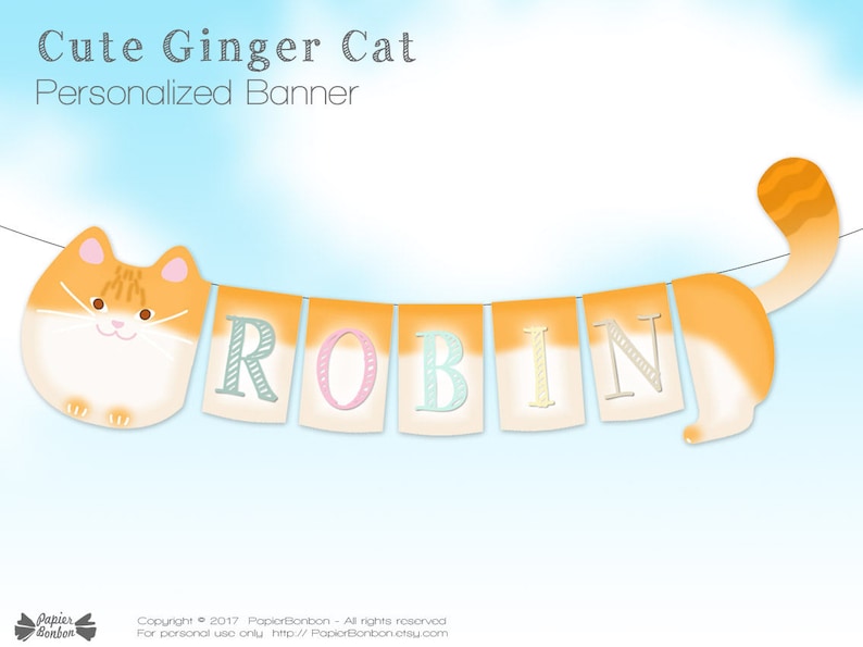 children name banner cat birthday Personalized Ginger cat banner Birthday decor Cat party name banner baby shower name banner PDF files