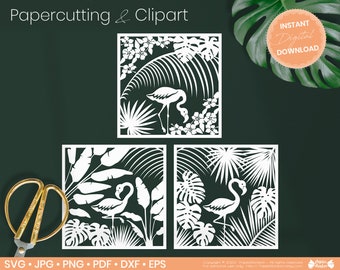 Flamingo und Dschungel Rahmen - Papierschnittschablone | Maschinenschnitt | Cricut Silhouette | Svg Dxf Png Jpg Pdf Eps | Clipart, Exotisch, Papierschnitt