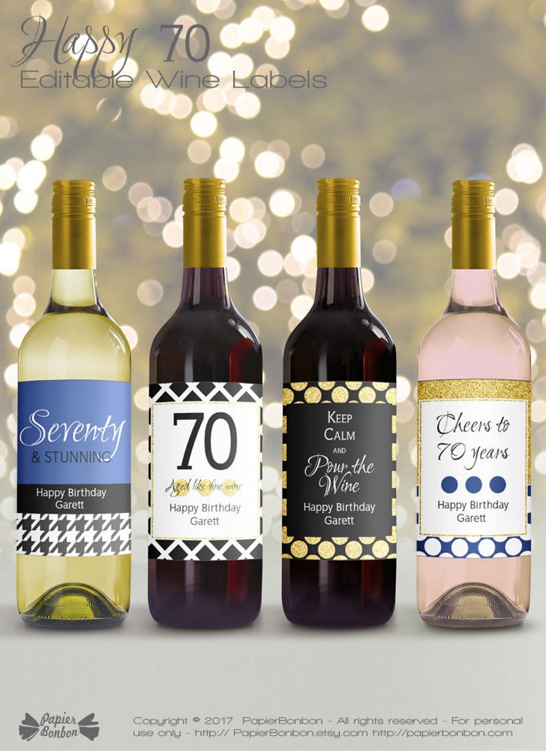 Editable Wine Bottle Labels for 70th Birthday printable, Black g