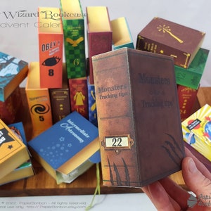 May include: A brown cardboard box with the text "Monsters Tracking tips" and the number "22" on the front. The box is part of an advent calendar themed around a wizard bookcase.