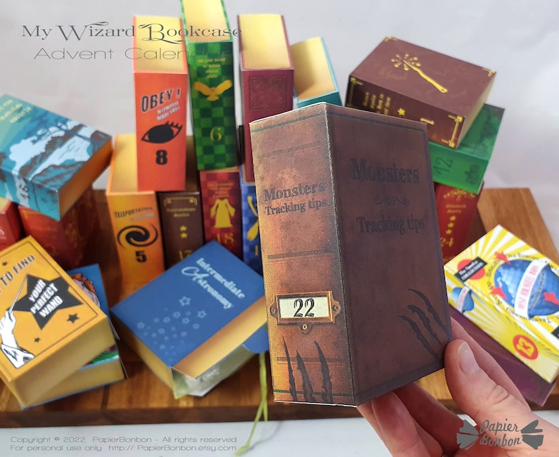 May include: A brown cardboard box with the text "Monsters Tracking tips" and the number "22" on the front. The box is part of an advent calendar themed around a wizard bookcase.
