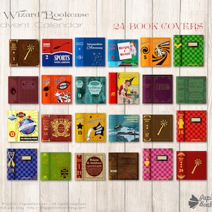 May include: A set of 24 printable book cover designs for an advent calendar. The covers feature whimsical illustrations and titles like "Sports with a Broom", "Obey", "How to Find Your Perfect Wand", and "Magical Plants Kitchen".