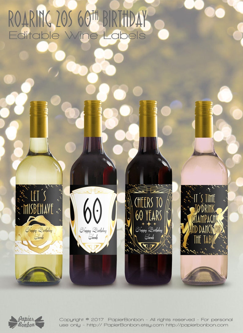 editable wine bottle labels for 60th birthday printable etsy