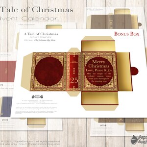 Puede incluir: Calendario de Adviento de Navidad imprimible con una caja de regalo de Navidad. El calendario presenta un dise&ntilde;o de libro rojo y dorado con el texto "A Tale of Christmas" y "Merry Christmas Love, Peace & Joy".
