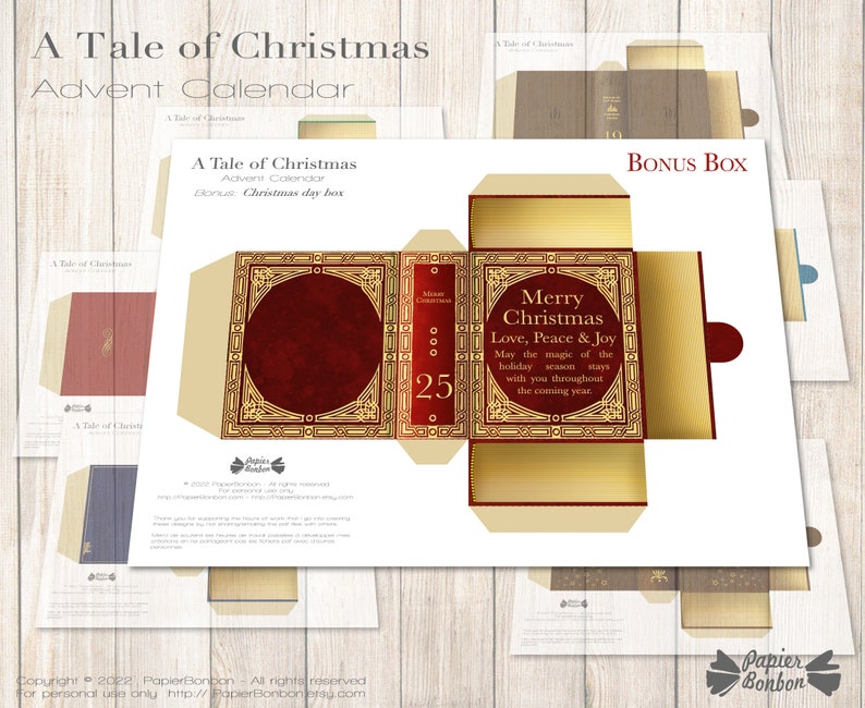 Puede incluir: Calendario de Adviento de Navidad imprimible con una caja de regalo de Navidad. El calendario presenta un dise&ntilde;o de libro rojo y dorado con el texto "A Tale of Christmas" y "Merry Christmas Love, Peace & Joy".