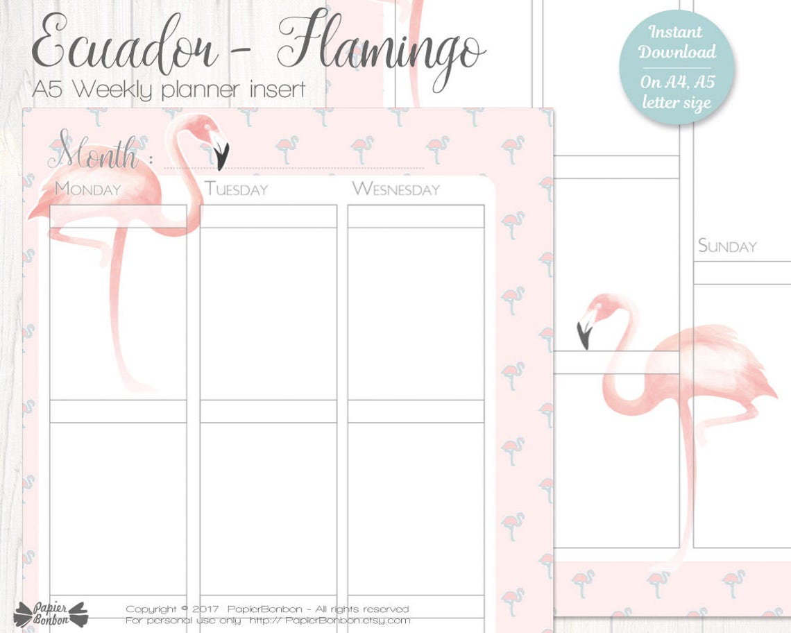 Flamingo planner Printable Flamingo weekly planner inserts A5 | Etsy