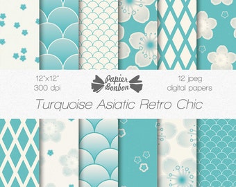 Türkis digitales Papier - asiatisch Retro Chic Muster, Kirschblüten, Schuppen - türkis und creme - Kartenherstellung, Origami