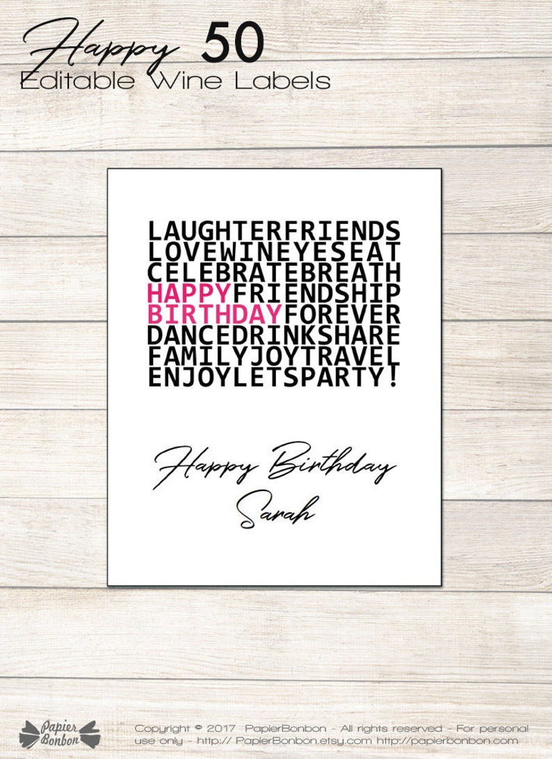 editable wine bottle labels for 50th birthday printable etsy
