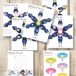 May include: Printable paper doll craft template featuring a Kokeshi doll with blue hair, a pink and yellow kimono, and a flower design. The template includes instructions for assembling the doll into a favor box. The image also includes a printable umbrella tag with various designs.