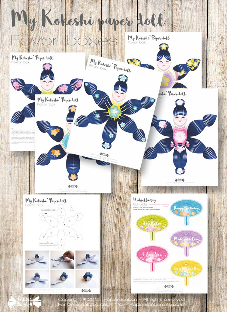 May include: Printable paper doll craft template featuring a Kokeshi doll with blue hair, a pink and yellow kimono, and a flower design. The template includes instructions for assembling the doll into a favor box. The image also includes a printable umbrella tag with various designs.