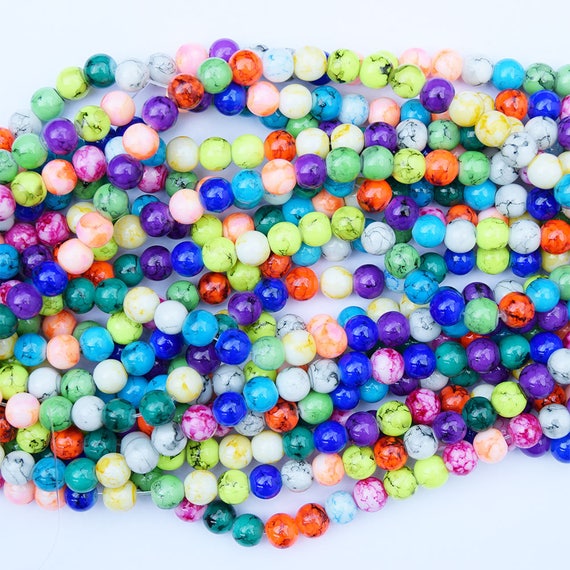 50+ 8mm Spray Painted Round Glass Beads Opaque Marble Effect Mixed Colour