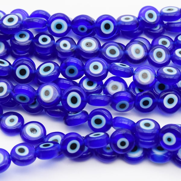 Blue Light Blue Evil Eye Handmade Lampwork Glass Flat Round Beads Various Sizes Dark Blue Light Blue Black & White