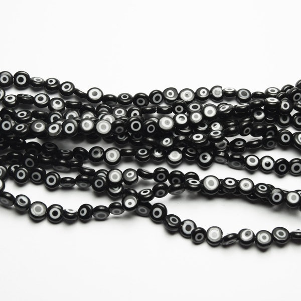 Black Evil Eye Handmade Lampwork Glass Flat Round Beads Various Sizes 14'' Strand Dark Black & White