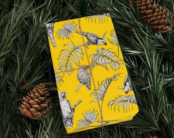 Papeles de regalo con pájaros tropicales amarillos / Diseño de pájaros en blanco y negro