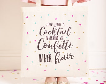 Cocktails and Confetti, Girls Night , Hen Party, Wedding, Bride to be Tote Bag