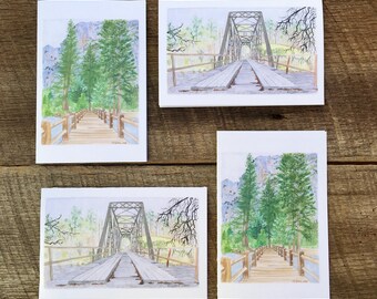 Bridge Notecards, Wydruki z akwareli, Debbie Stone, Yosemite, Góry, Evergreen, Notatki z podziękowaniami, Krajobraz górski