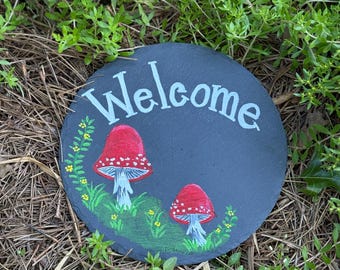 Slate Welcome Sign with Mushrooms