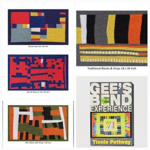 May include: Four different rug designs with geometric patterns in red, blue, yellow, green, black, and white. The rugs are 18 inches by 30 inches. The designs are called "School Daze", "Red All About It", "Traditional Blocks & Strips", and "Mini Blocks with Strips".