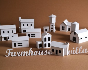 DIY Pack of 11 Putz style glitter FARMHOUSE VILLAGE houses Unassembled corrugated cardboard houses. Make your own decorative house village