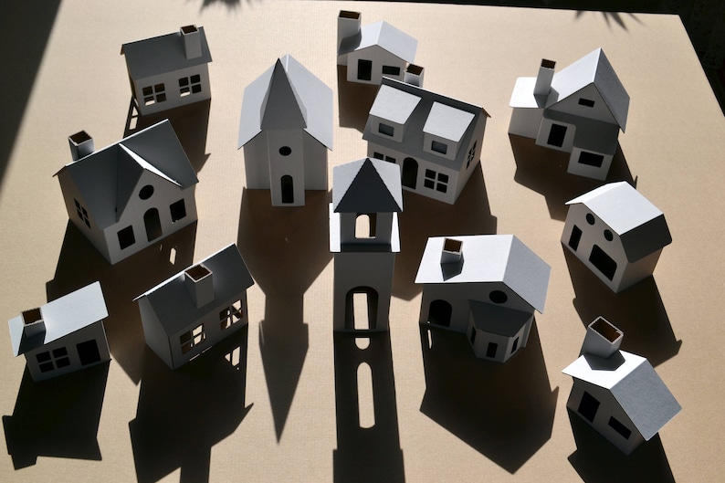 THE VILLAGE Cardboard DIY set. Ecological putz houses. Paper houses set for mindfullness, handicraft therapy, school/family projects image 4
