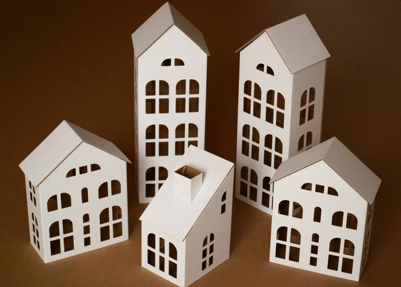 TALL HOUSES Cardboard DIY set. Ecological putz houses. Paper houses set for mindfullness, handicraft therapy, school/family projects image 3