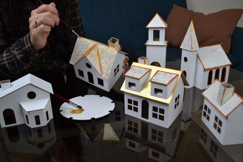 DIY Putz house village kit. 12 unassembled corrugated cardboard houses to make your own glitter VILLAGE